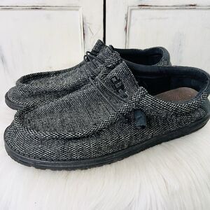 Hey Dude Wally Stretch Black Gray Slip on Loafers Comfort Shoes Mens Size 12